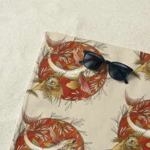 Serviette De Plage Poisson Volant Japonais et Feuilles de Bambou Art