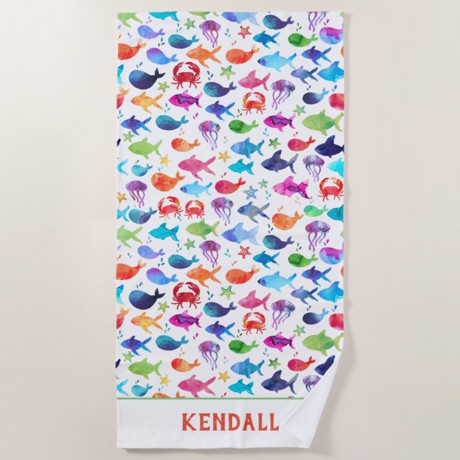 Serviette De Plage Poissons d'aquarelle d'arc-en-ciel sous les (Devant)