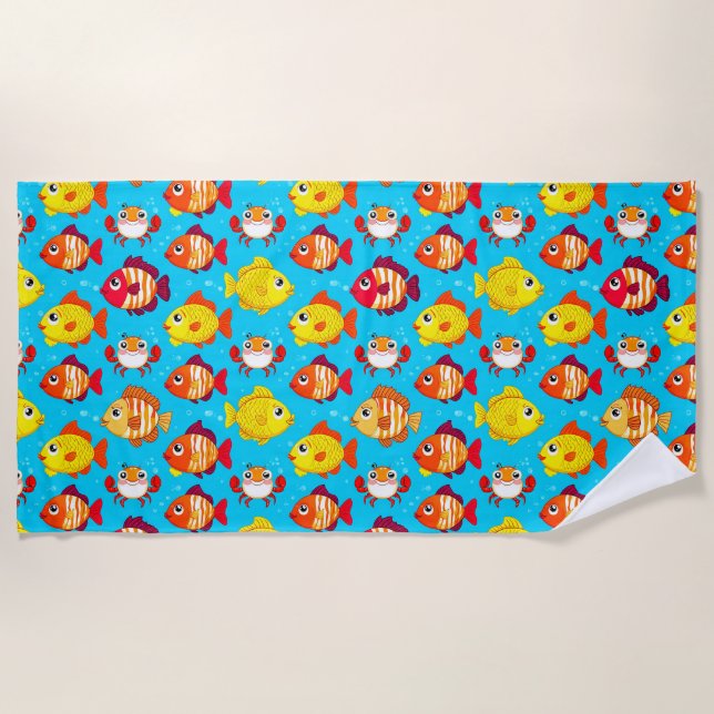 Serviette De Plage Poissons et crabes de dessin animé mignons dans de (Devant)