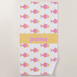 Serviette De Plage Poissons roses et oranges mignons, personnalisés