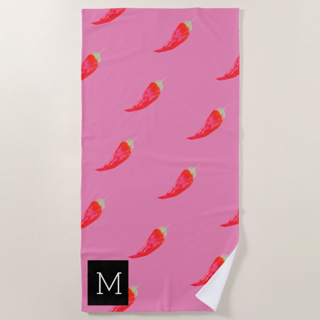 Serviette De Plage Poivrons rouges à l'aquarelle initiale rose (Devant)