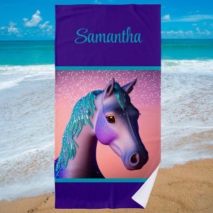 Serviette De Plage Poney magique en violet et sarcelle avec nom perso