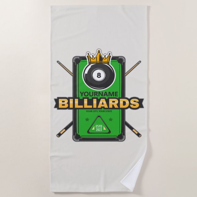 Serviette De Plage Pool Hall personnalisé NOM 8 Ball Crown Billiards (Devant)