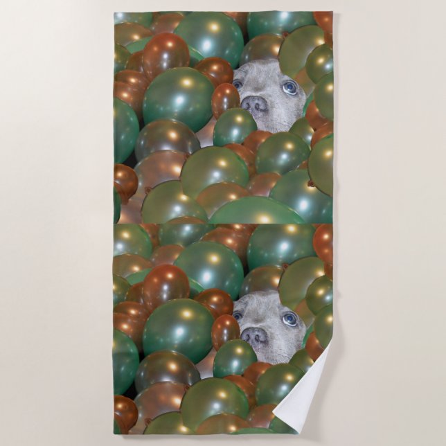 Serviette De Plage Pop Fest : Chiot Drôle Dans Les Ballons, (Devant)