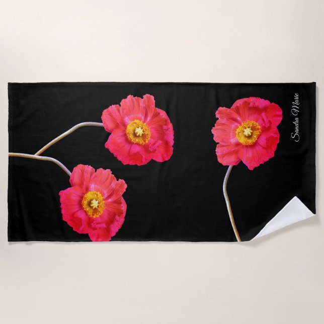Serviette De Plage Poppies rose moderne Poppy Flower Black Beach (Devant)