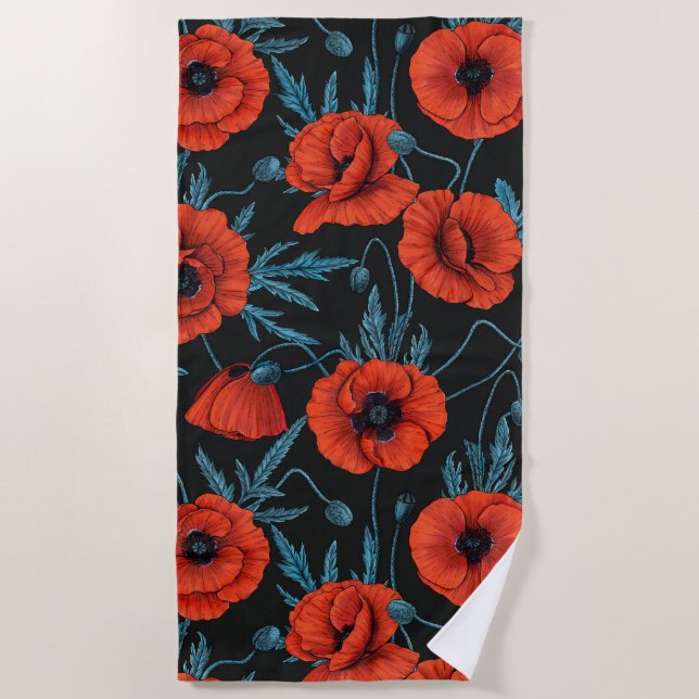 Serviette De Plage Poppies, rouge et bleu sur noir (Devant)