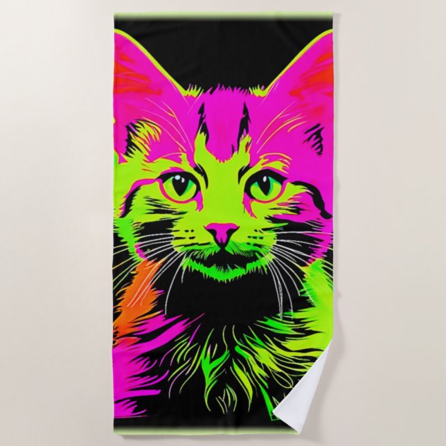 Serviette De Plage Portrait de chat de Neon (Devant)