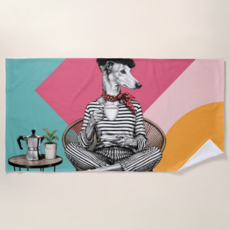 Serviette De Plage Portrait de Greyhound au café en pop art élégant