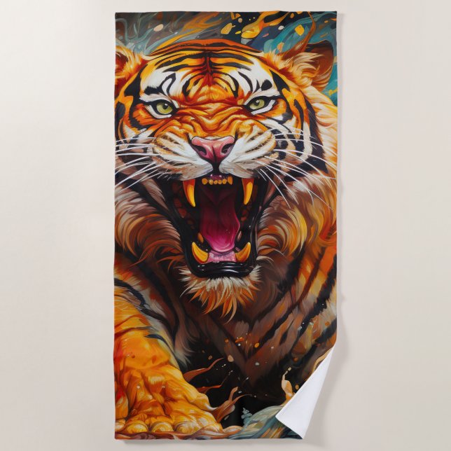 Serviette De Plage Portrait de Tigre Rugissant Intense (Devant)