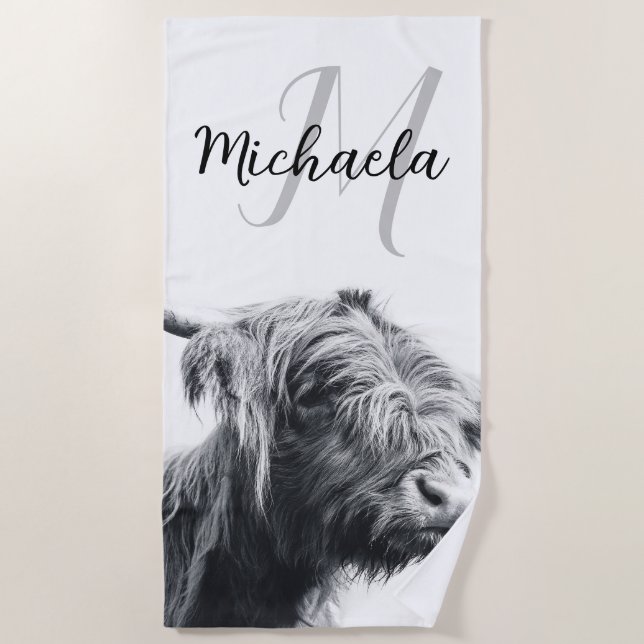 Serviette De Plage Portrait de vache Highland premier monogramme noir (Devant)