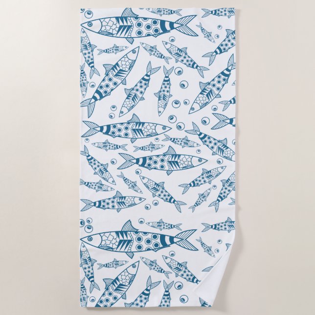 Serviette De Plage Portugais Lisbonne Sardines Motif Azulejos Blanc (Devant)