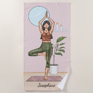 Serviette De Plage Pose Arbre Yoga Vrikshasana Femme Avec Nom Personn