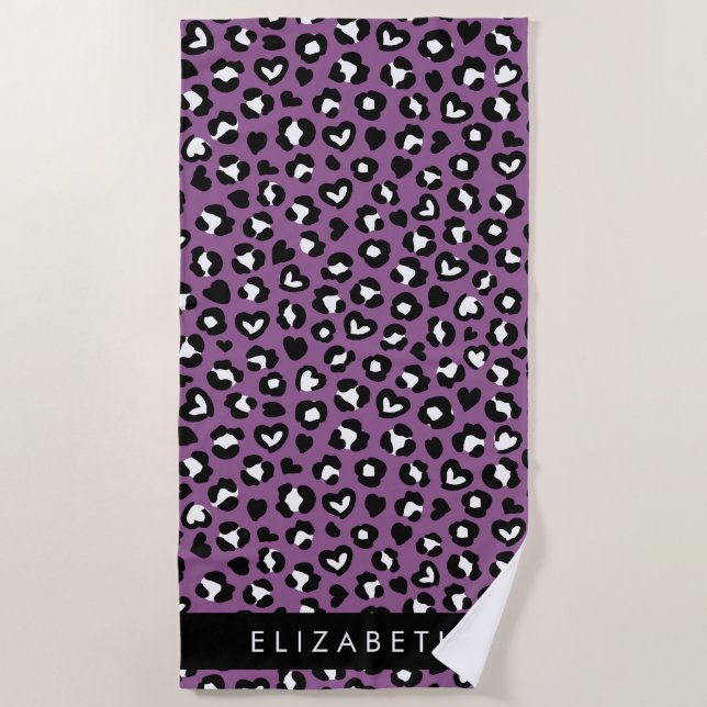 Serviette De Plage Poster de animal, Léopard Violet, Coeurs, Votre No (Devant)