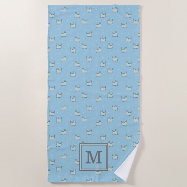 Serviette De Plage Poudre Blue Whimsical Chats Motif avec Monogramme (Devant)