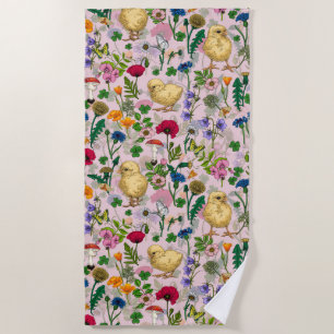 Serviette De Plage Poulets et fleurs sauvages sur coton bonbon rose