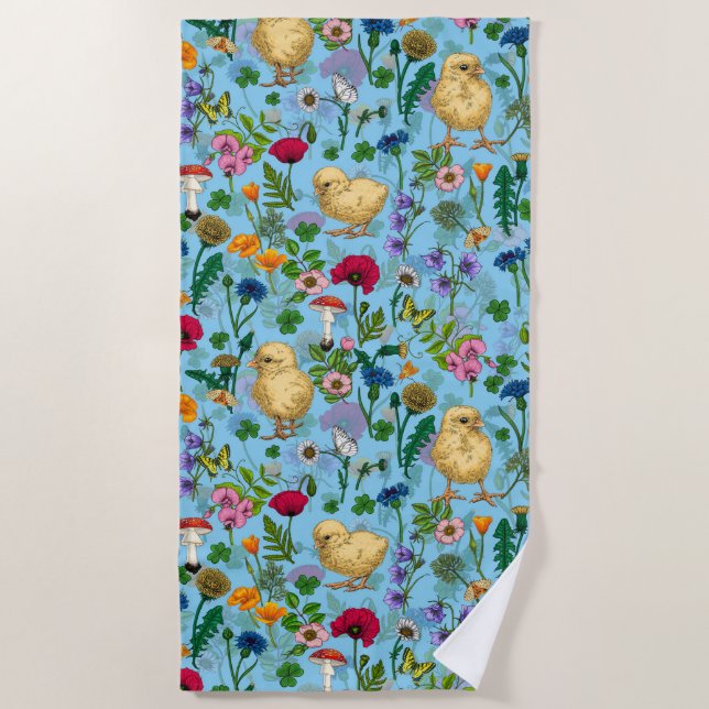 Serviette De Plage Poulets et fleurs sauvages sur le bleu bébé (Devant)