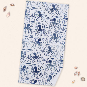 Serviette De Plage Poulpe à l'aquarelle bleue marine motif sous-marin