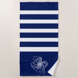 Serviette De Plage poulpe blanche à rayures bleues et blanches