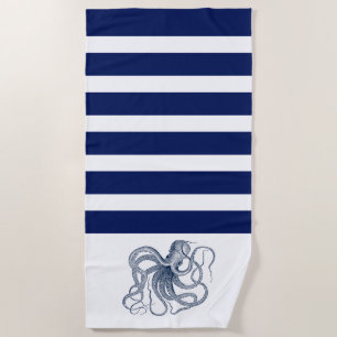 Serviette De Plage poulpe bleue à rayures blanches et bleues