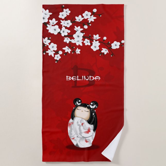 Serviette De Plage Poupée Kokeshi Rouge Fleur Noir Et Blanc De Cerisi (Devant)