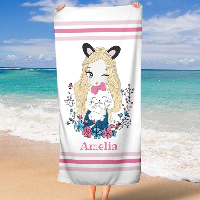 Serviette de plage pour filles | Nom personnalisé  (Beach Towel for Girls | Cute Floral Custom Name )