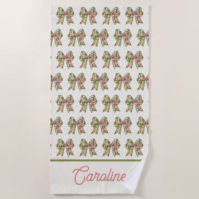 Serviette De Plage Preppy Floral Pink and Green Bow Personalized (Devant)