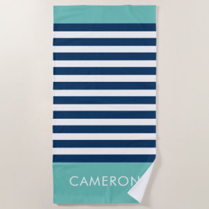Serviette De Plage Preppy Nautical Stripe Navy Turquoise Nom