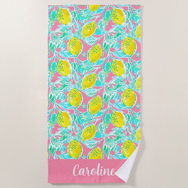 Serviette De Plage Preppy Palm Beach Citron rose Personnalisé (Devant)