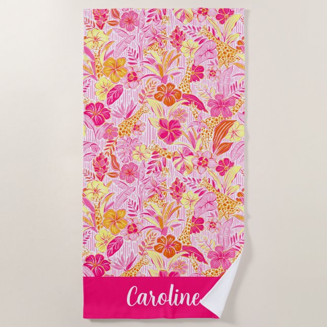Serviette De Plage Preppy Palm Beach Giraffes roses Personnalisées (Devant)