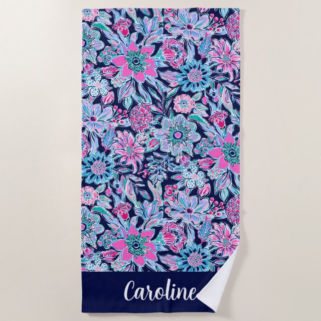 Serviette De Plage Preppy Palm Beach Navy Lavender Floral Personnalis (Devant)