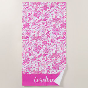 Serviette De Plage Preppy Palm Beach Pink & White Lys Personnalisé