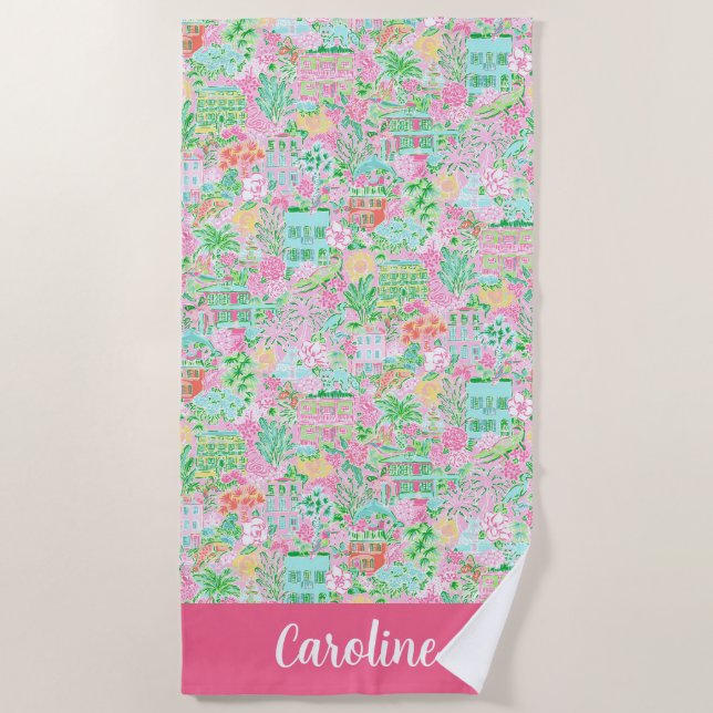 Serviette De Plage Preppy Palm Beach Rose Charleston Personnalisé (Devant)