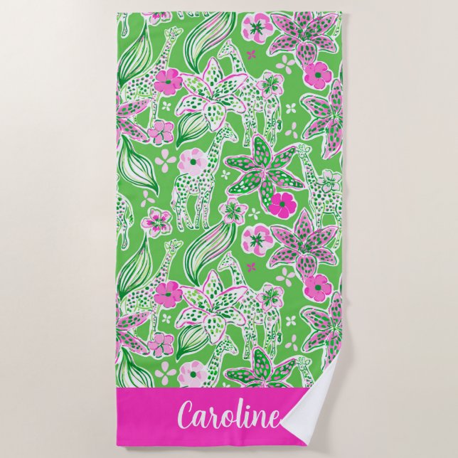 Serviette De Plage Preppy Palm Beach rose Green Giraffes Personnalisé (Devant)