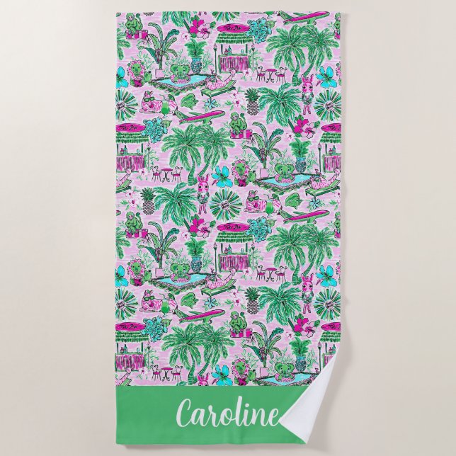 Serviette De Plage Preppy Palm Beach Vacances animal rose et vert (Devant)