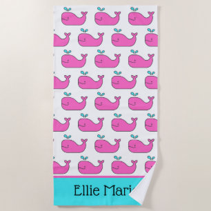 Serviette De Plage Preppy Pink and Aqua Whales Personnalisé