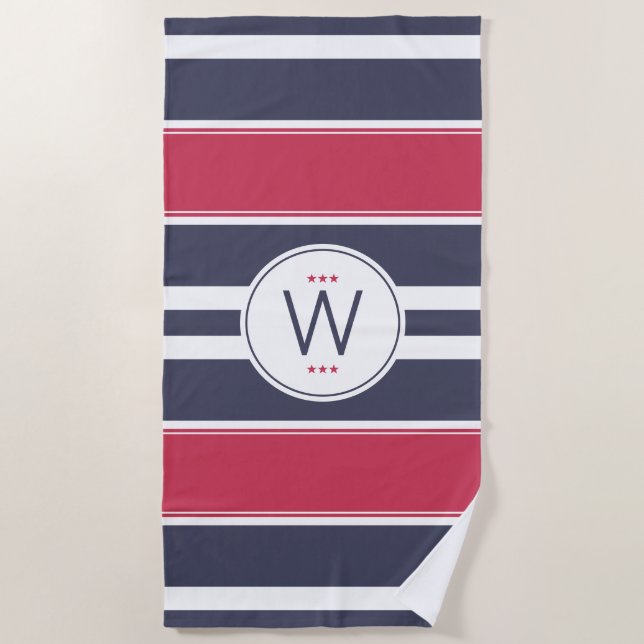 Serviette de plage Preppy Red, White & Blue Stripe (Devant)