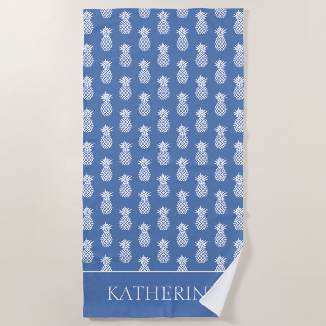 Serviette De Plage Preppy White Pineapple on Blue (Devant)