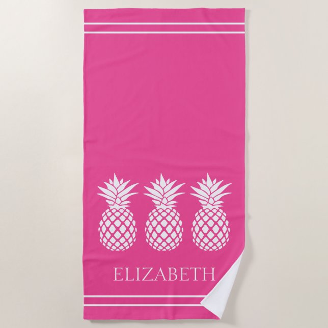 Serviette De Plage Preppy White Pineapple on Pink (Devant)