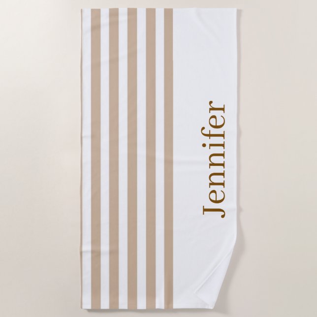 Serviette de plage printemps beige et blanc rayé (Devant)