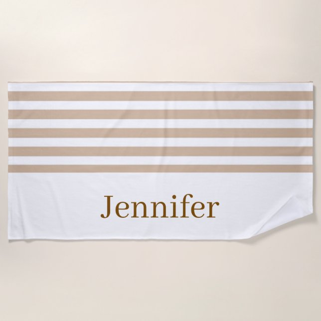 Serviette de plage printemps beige et blanc rayé (Devant)