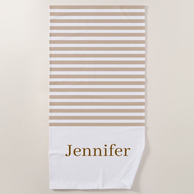 Serviette de plage printemps beige et blanc rayé (Devant)