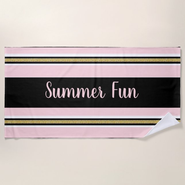 Serviette de plage printemps rose et blanc or noir (Devant)