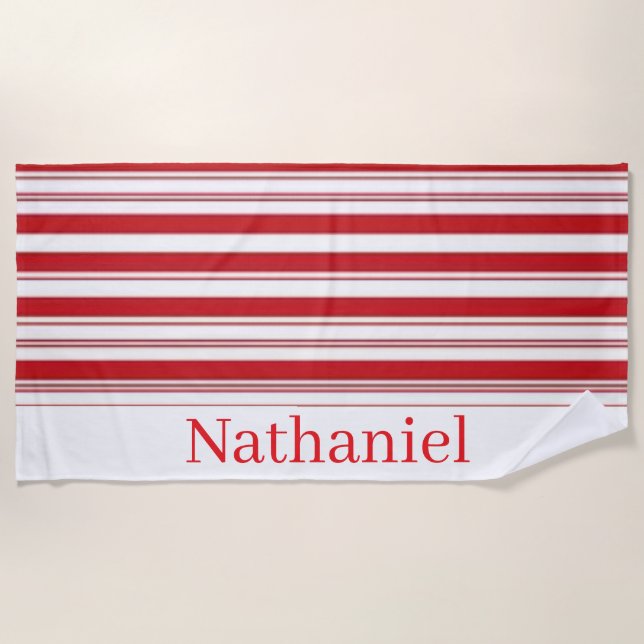 Serviette de plage printemps rouge et blanc rayée (Devant)