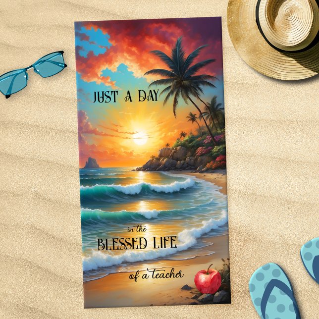 Serviette De Plage Professeur de coucher de soleil sur une plage trop (Teacher beach towel featuring a painting of a sunset on a tropical beach with an (optional) apple)