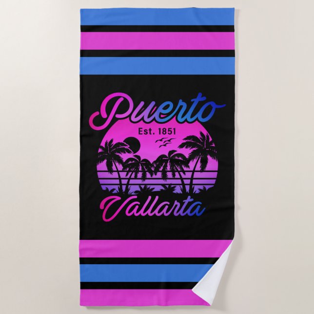 Serviette De Plage Puerto Vallarta Retro Sunset 80s Palm Trees (Devant)