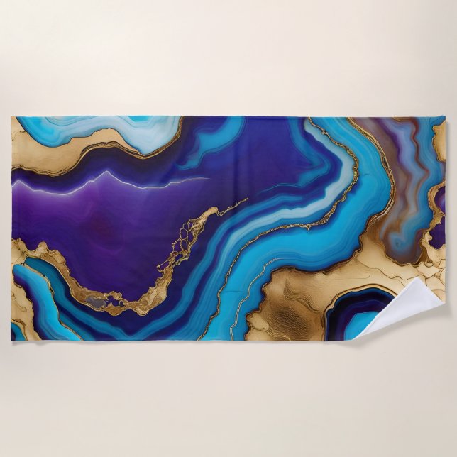 Serviette De Plage Purple Gold Blue Agate Marbre Design moderne (Devant)