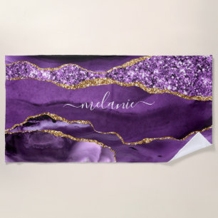Serviette De Plage Purple Gold Parties scintillant Nom personnalisé B