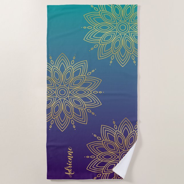 Serviette De Plage Purple Turquoise Gradient Faux Gold Mandala (Devant)