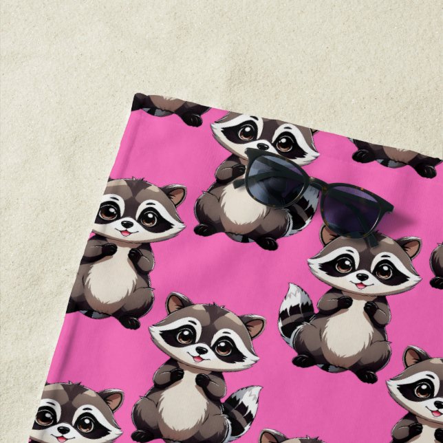 Serviette De Plage Raccoon Pattern Design Pink  (En situation)