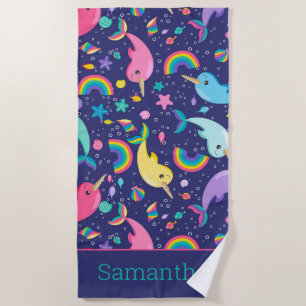 Serviette De Plage Rainbow Narwhal Under the Sea Girls Personnalisé
